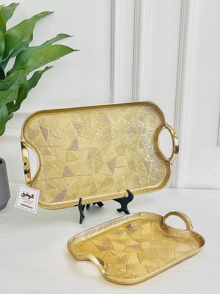 طقم صواني هندي نحاس مستطيل قطعتين نقش 2