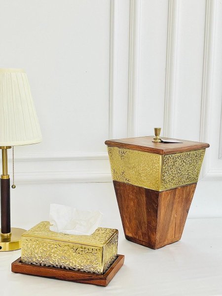 طقم سلة مع علبة محارم خشب أكاسيا مع نحاس هندي