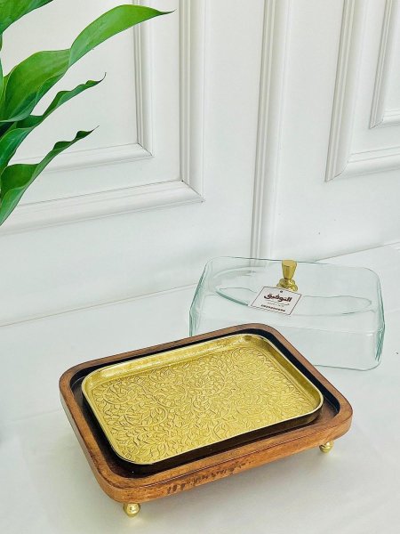 مضيفة مربعة قاعدة خشب أكاسيا هندي مع غطا قزاز