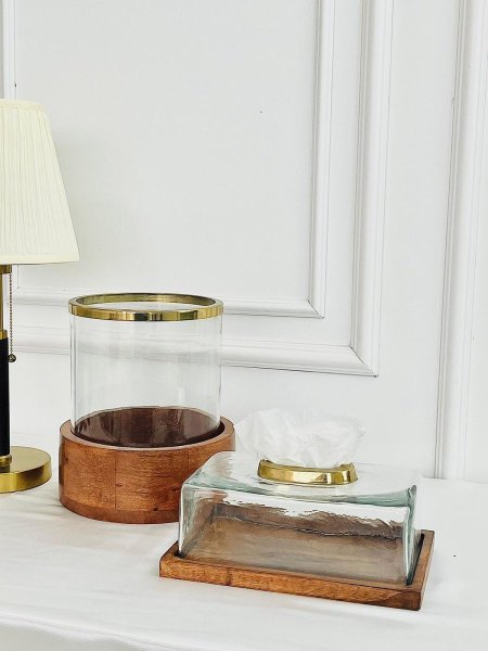 طقم سلة مع علبة محارم خشب أكاسيا وقزاز هندي