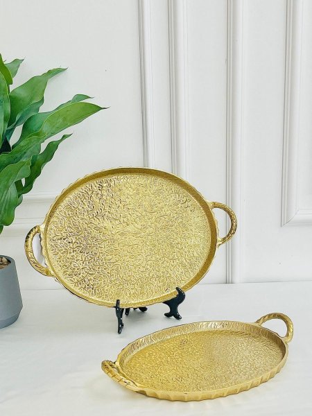 صواني نحاس هندي بيضاوي طقم قطعتين