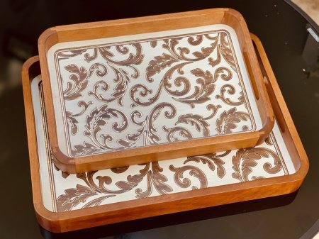 صواني خشب طبيعي مستطيل مزخرف طقم قطعتين