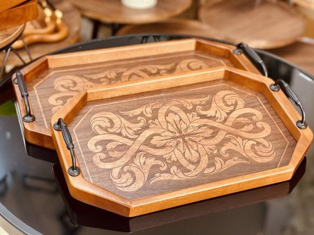 صواني خشب طبيعي مسدس قطعتين