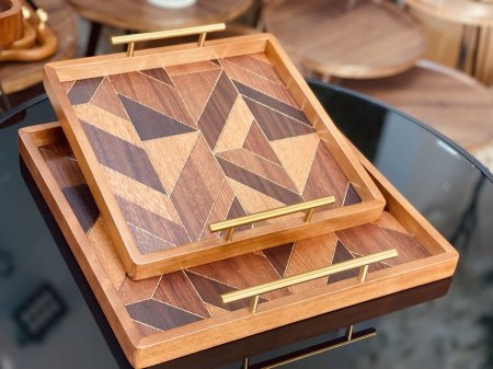 صواني خشب طبيعي مربع مزخرف قطعتين