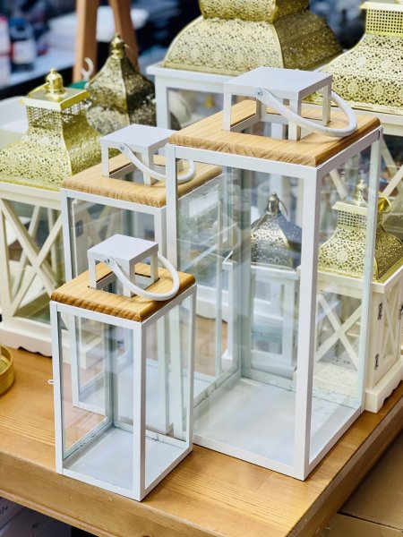 طقم فوانيس معدن وخشب ثلاث قطع