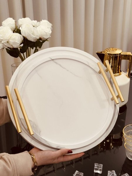 طقم صواني خشب ابيض دائري قطعتين